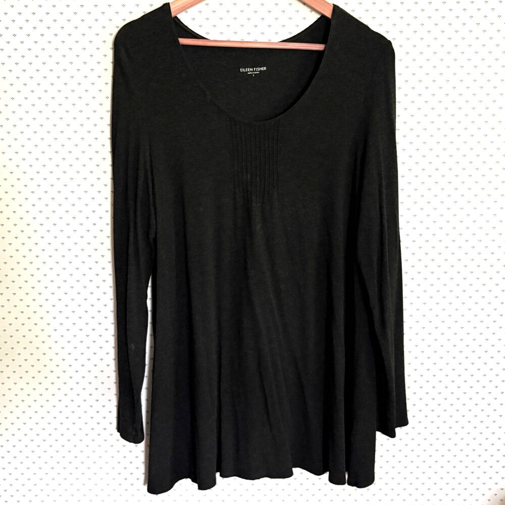 Eileen Fisher Pintuck Jersey Tunic L Charcoal Gray Dress Blouse Top Stretch
